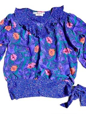 Susan Freis (Assorti) Medium Boho Purple/Pink W/ Floral & Polka Dots Blouse